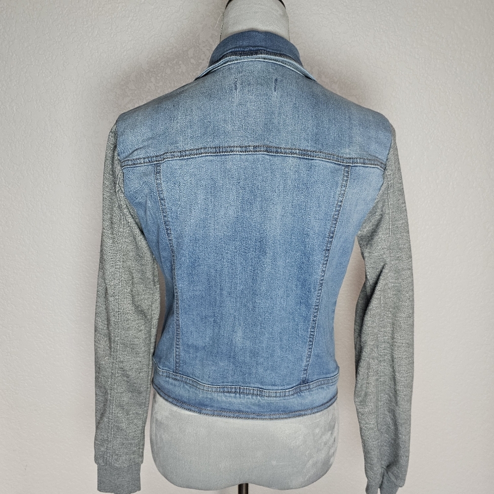 Denim Jacket Mixed Media Hoodie Jacket Distressed Blue Jean Womens Small - Picture 5 of 9